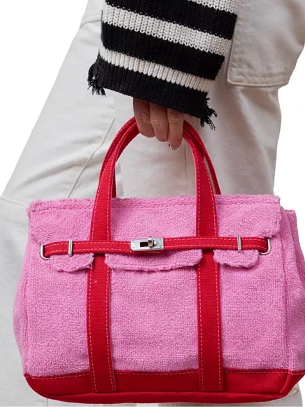 SUNWIN Boatkin Pink Terry Tote with Red Trim and Silver Accent Very Birkin New